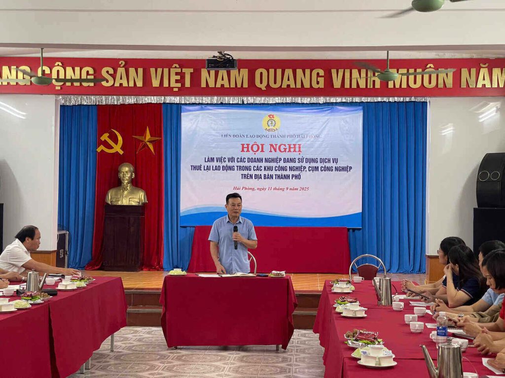 Lãnh đạo LĐLĐ TP Hải Phòng phát biểu tại hội nghị khảo sát. Ảnh: Mai Hương, việc làm hải phòng