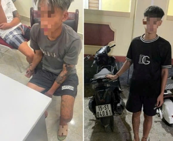 Các đối tượng Ngô Quang H và Nguyễn Minh T tại cơ quan Công an. Ảnh: Công an TP Hải Phòng